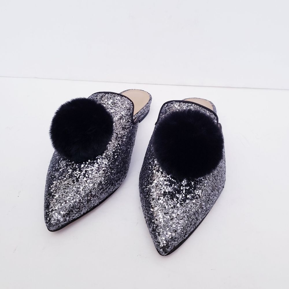Ann Taylor Metallic Glitter Pom Pom Silver Black Mules - Picture 3 of 11